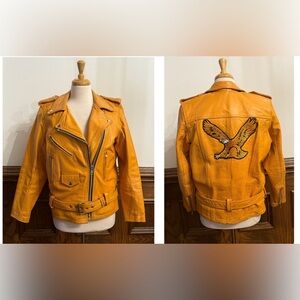 Vintage Yellow Leather “Eagle” Motorcycle Biker Men Women Belted Lined Jacket M